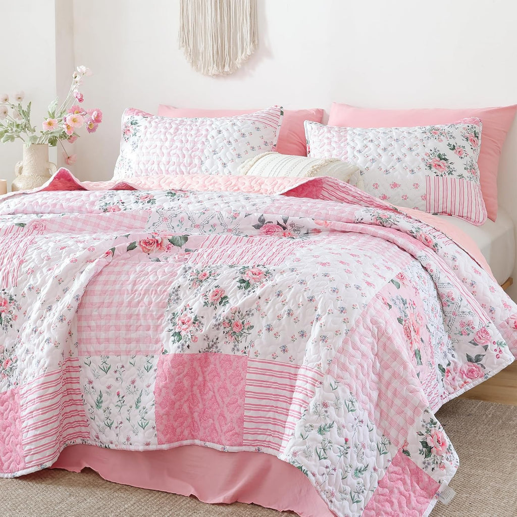 Floral Quilt Set Twin Size – Ultra Soft Lightweight Bedspread, 2 Piece Pink Bedding Set (66"X90") with Pillowcases (20"X26"), All Season Coverlet for Bedroom & Guest Room
