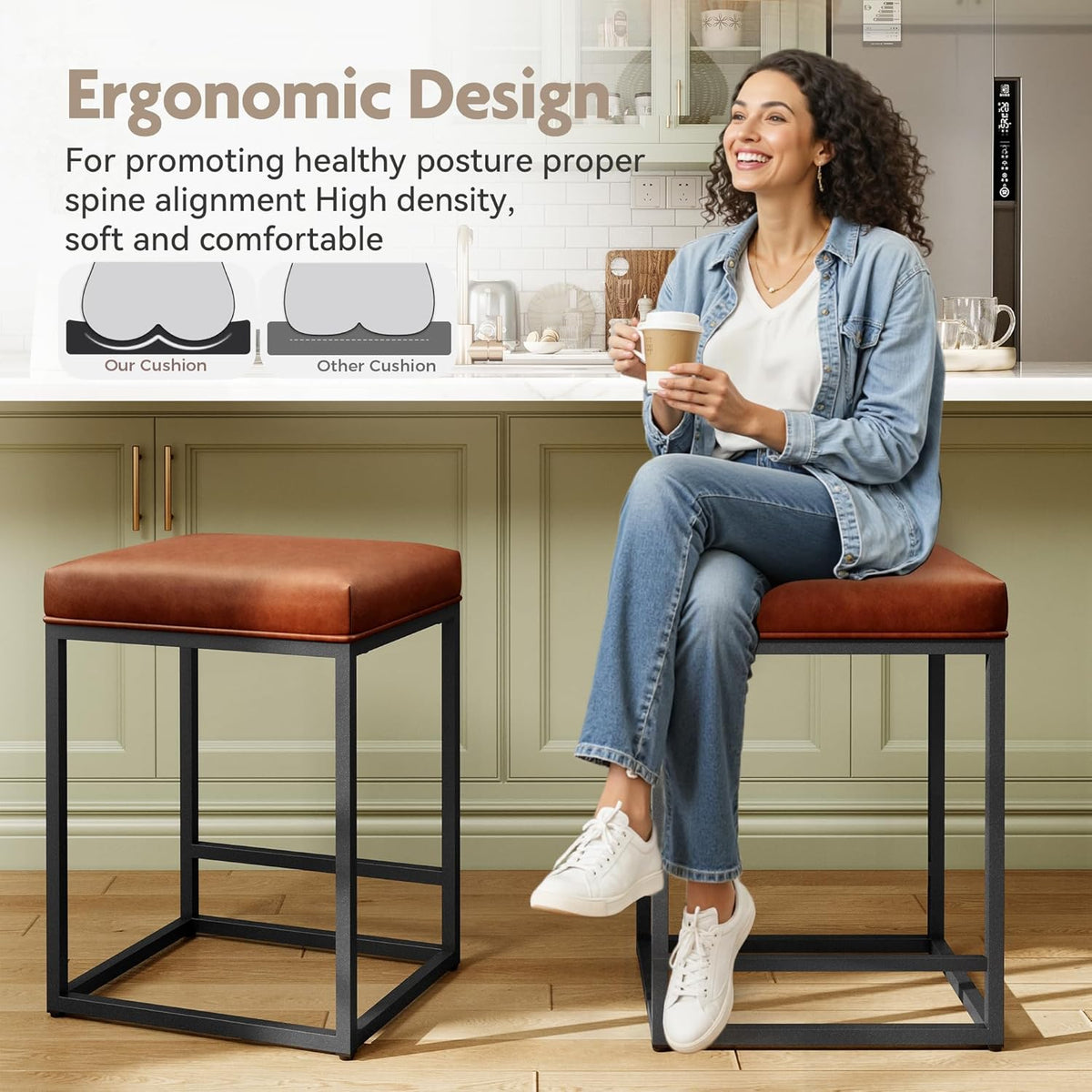 Counter Height 24" Bar Stools Set of 2 for Kitchen Counter Backless Modern Barstools Industrial Upholstered Faux Leather Stools Farmhouse Island Chairs, (24 Inch, Brown)