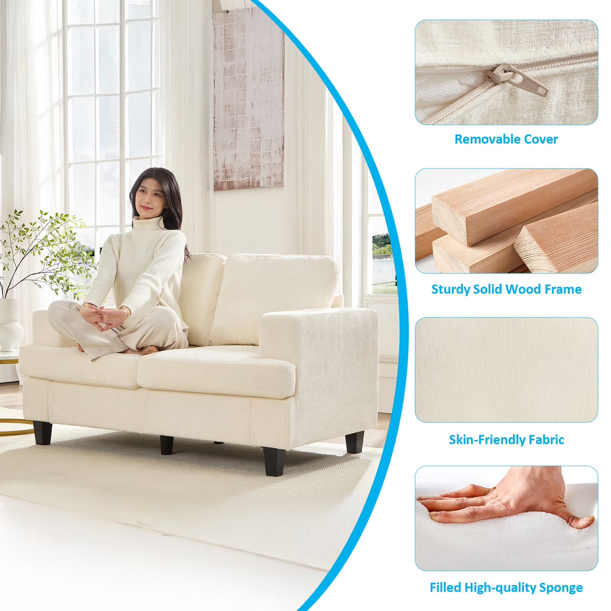 2 Piece Living Room Sofa Set, Chenille 3 Seat Sofa and Loveseat Sets, Modern Sectional Couch Sets for Living Room/Apartment/Office, Beige