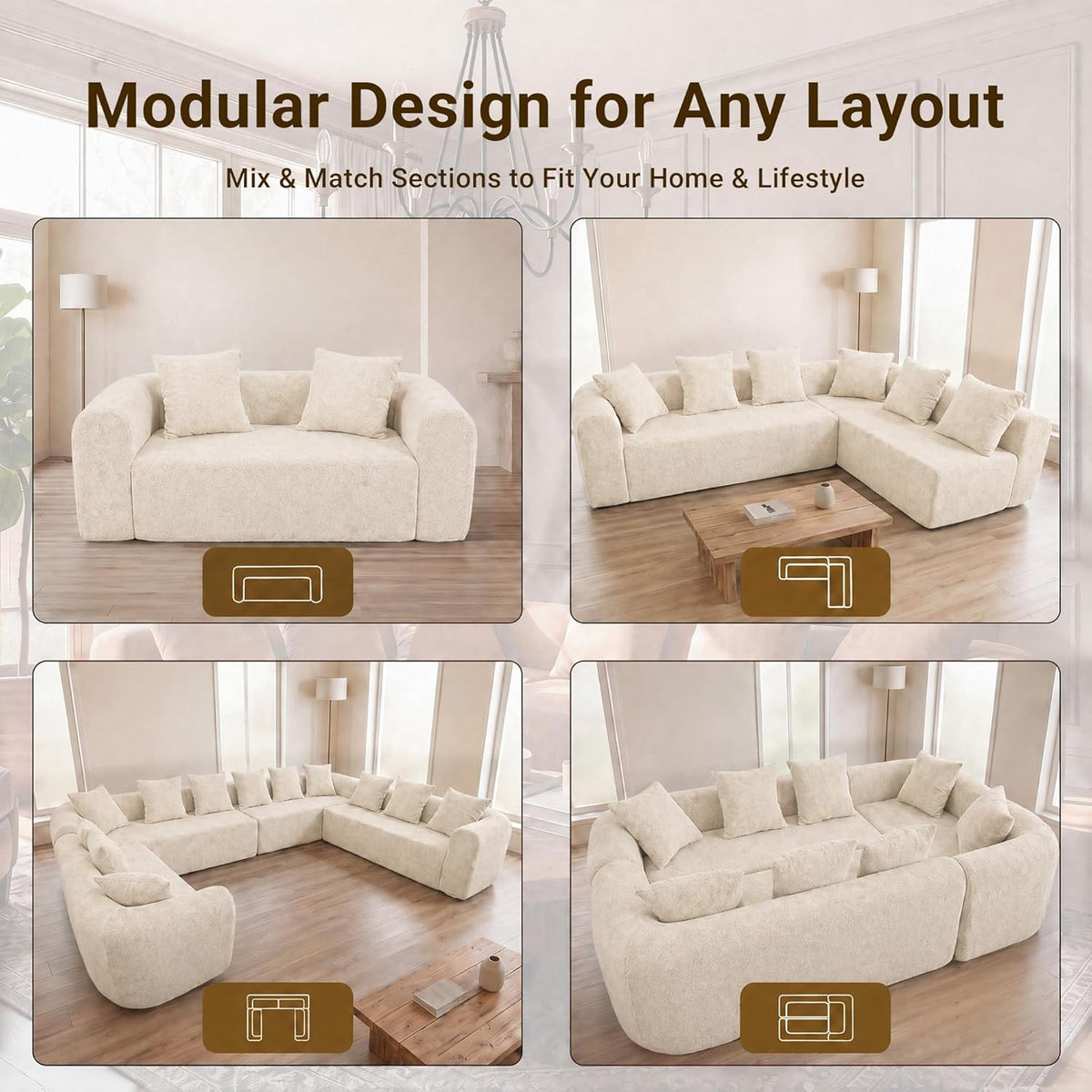 106" Cloud Boneless Couch, L-Shaped Sectional Sofa, Beige | Soft Knitted Fabric, Deep Seat Design, No Assembly Required,