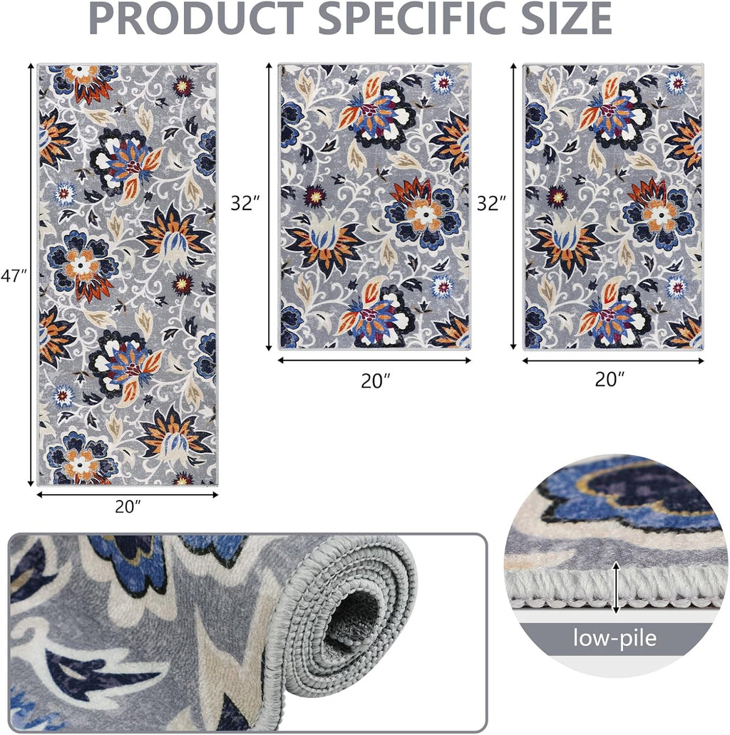 Boho Kitchen Mats 3 Piece Set Kitchen Rugs Non Slip Kitchen Mats for Floor Washable Kitchen Rugs and Mats Floral Kitchen Runner Rugs for Hallway Kitchen Laundry