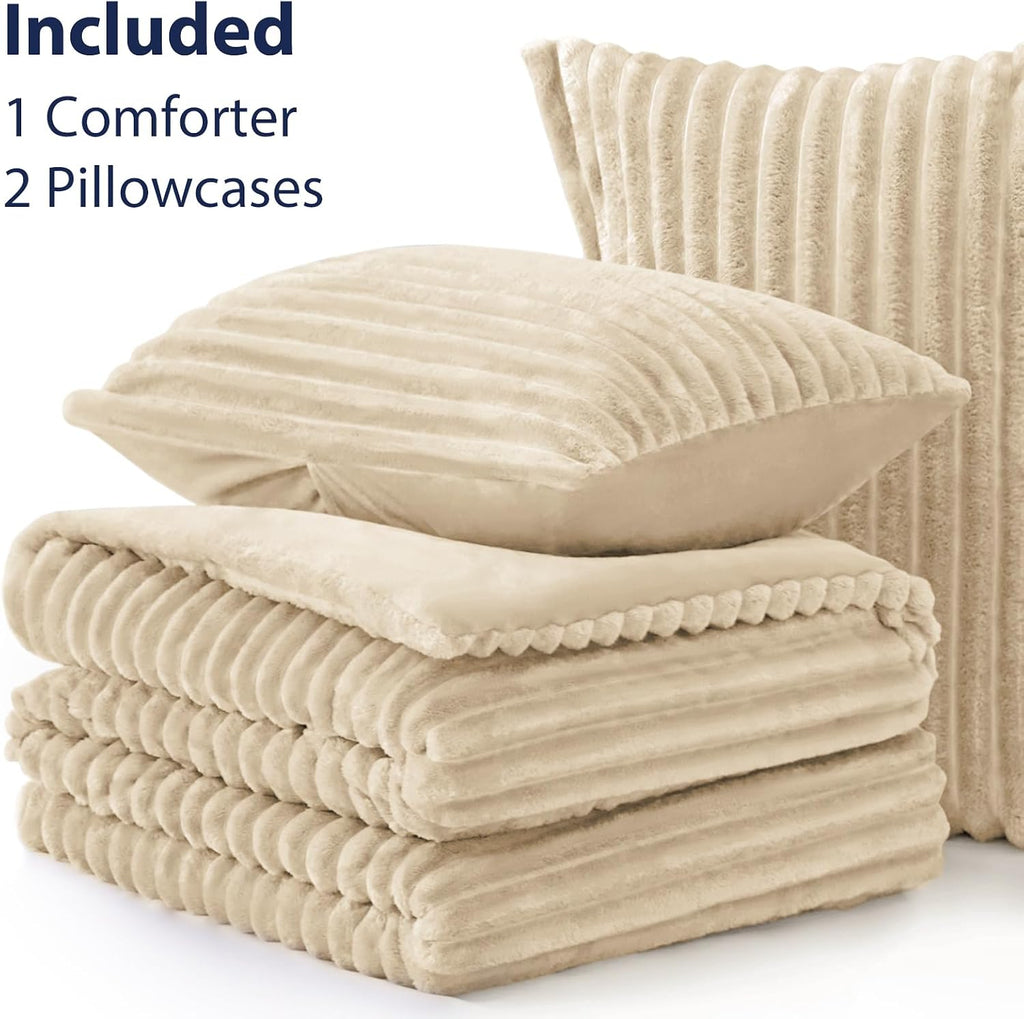 Fluffy Comforter Set King Size - Super Soft Faux Fur Stripe Jacquard Comforter 3 Pieces, Fleece Bedding Set,Winter Warm Bed Set,1 Comforter with 2 Pillowcases (Khaki)
