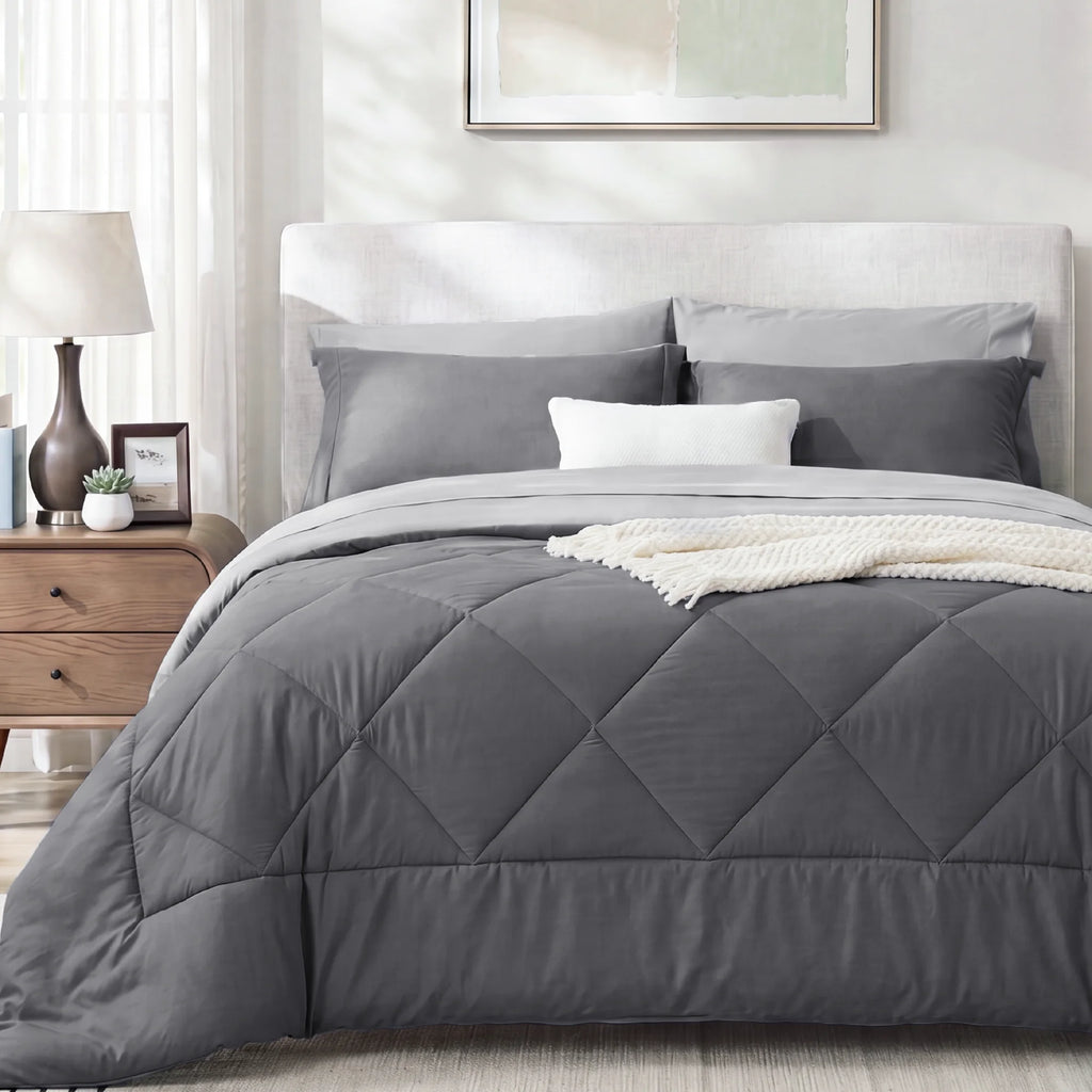 Queen Comforter Set,7 Pieces Bed in a Bag, Reversible Lightweight Bedding Set, Gray