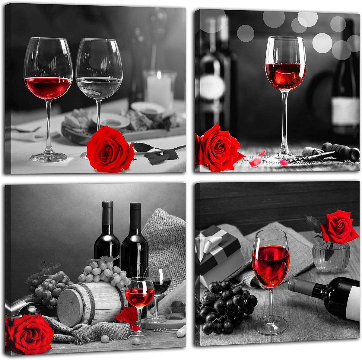 Large Kitchen Wall-Art - Red Wine Wall Art for Living Room - Modern Wall Decor for Dining Room Rose Artwork 4 Pieces Framed Canvas Art 20X20 Inches