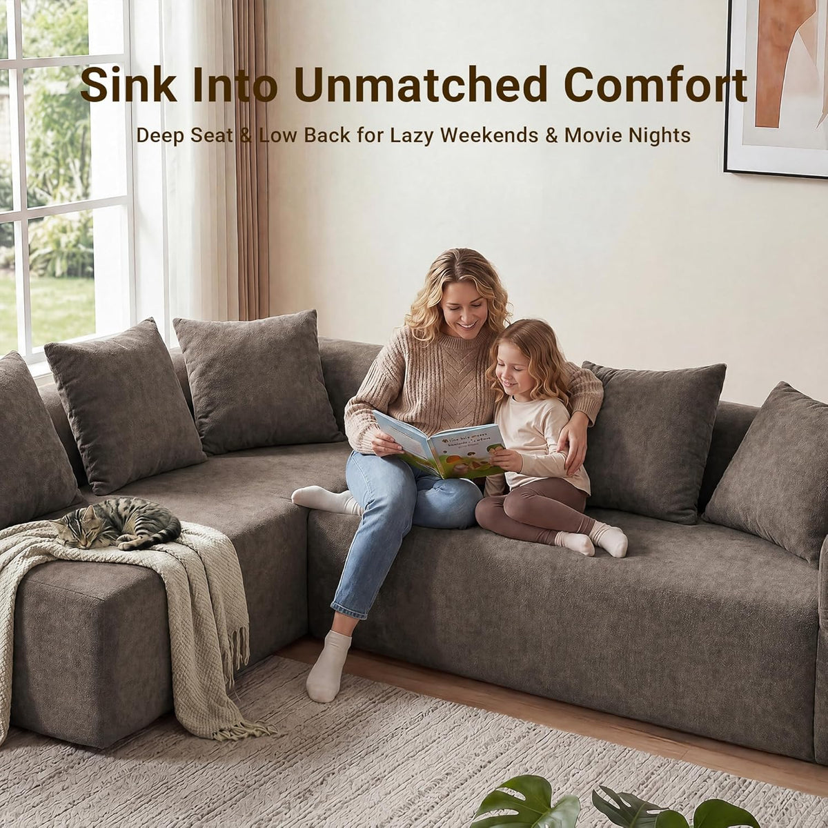 106" Cloud Boneless Couch, L-Shaped Sectional Sofa, Light Grey | Soft Knitted Fabric, Deep Seat Design, No Assembly Required,