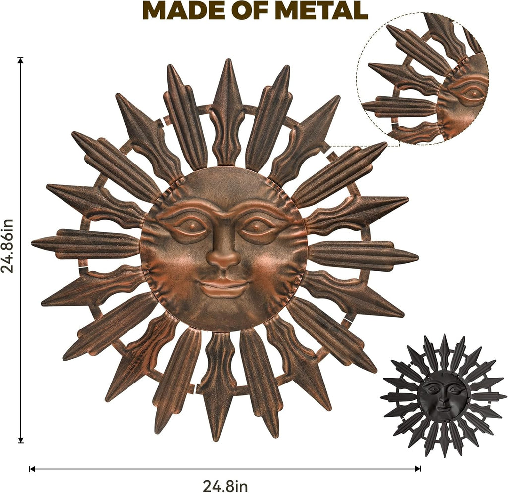 Metal Sun Wall Art Decor Outdoor Metal Wall Art Sun Outdoor,Large Wall Decorations for Garden, Sun Wall Art Metal Sun Face Art(Brown)