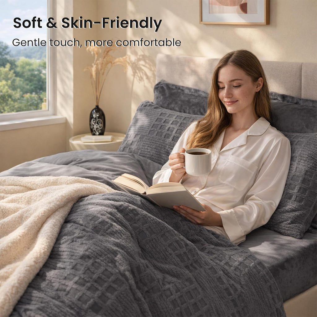 Waffle Fluffy Comforter Set King Size - Super Soft Faux Fur Stripe Jacquard Comforter 3 Pieces, Grey Fleece Bedding Set,Winter Warm Bed Set,1 Comforter with 2 Pillowcases