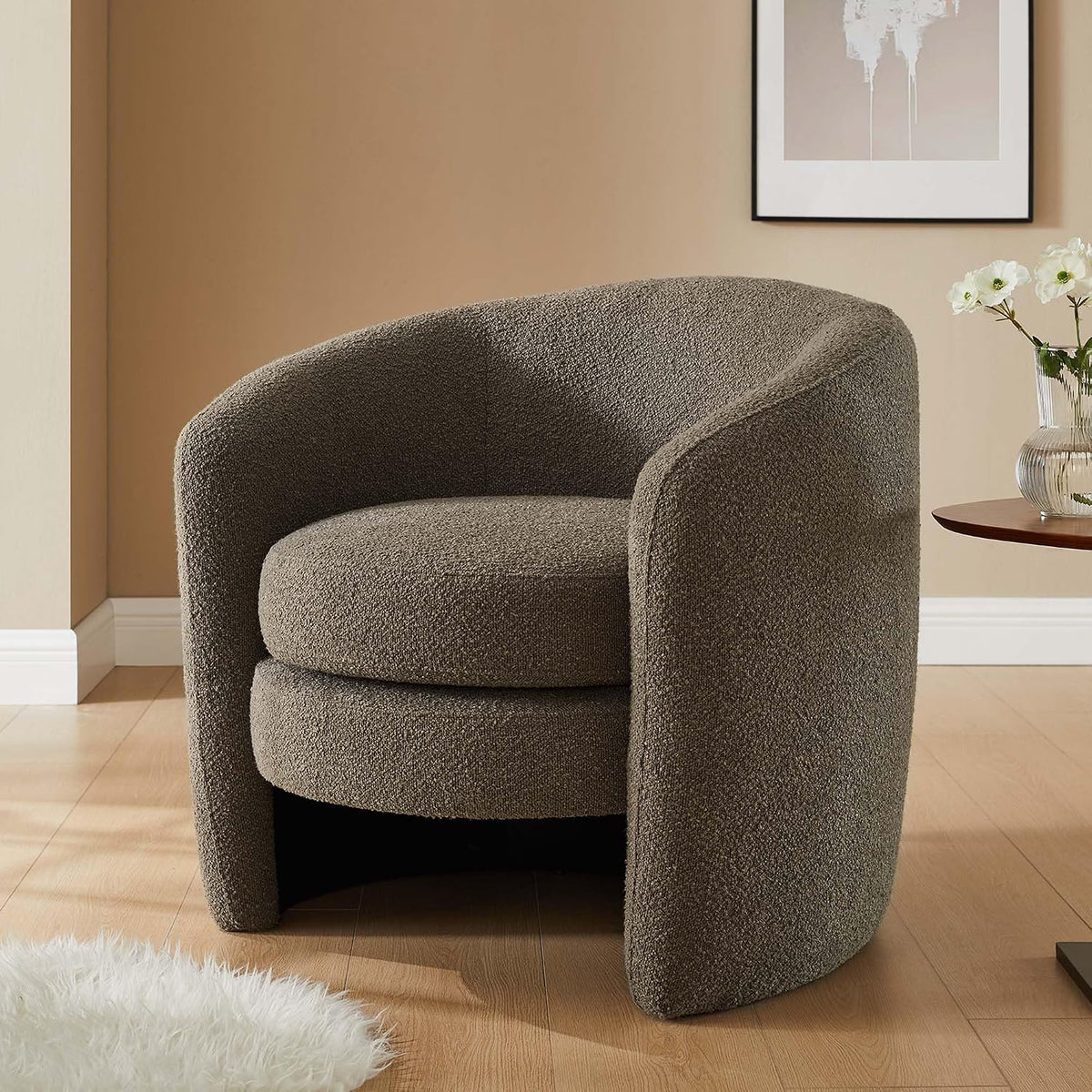 Affinity Boucle Fabric Accent Chair in Pebble - Versatile Living Room Chair with Curved Back - Upholstered Bedroom Barrel Chair - Reading Armchair