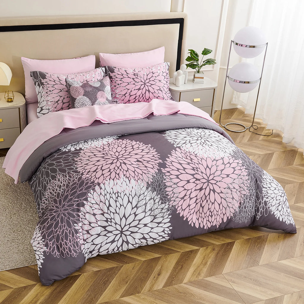 8-Piece Pink and Grey Queen Comforter Set - Reversible Floral Bed in a Bag with Sheets, Pillowcases, Shams, and Decorative Pillow Cover for Teen Girls and Women