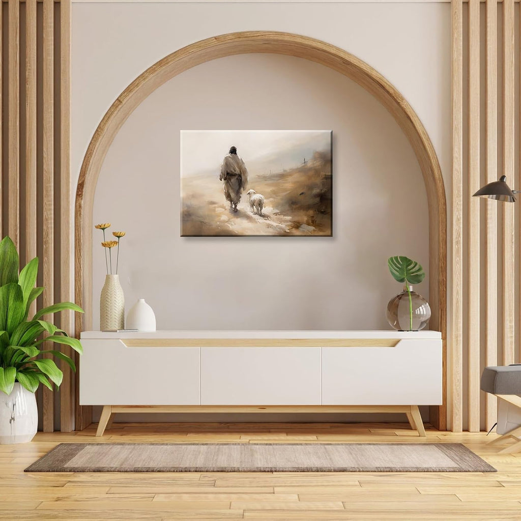 Jesus Wall Art Boho Jesus and Lamb Canvas Wall Art Scripture Wall Art Religious Wall Decor Christian Canvas Wall Art Prints Home Decor for Bathroom Living Room Kitchen Bedroom 24X16Inch