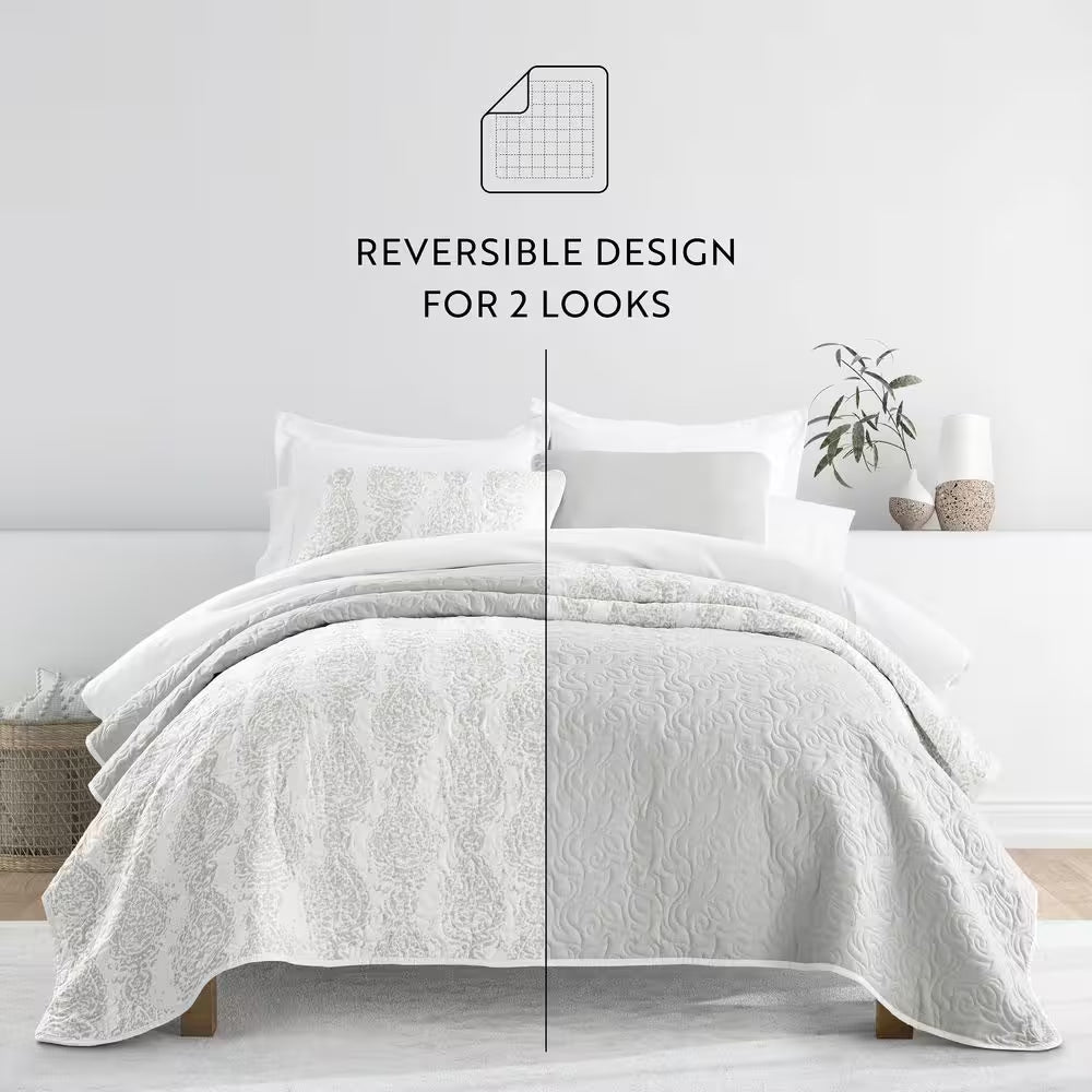 All Season 3-Pcs Distressed Damask Reversible Microfiber Quilt Set with Shams