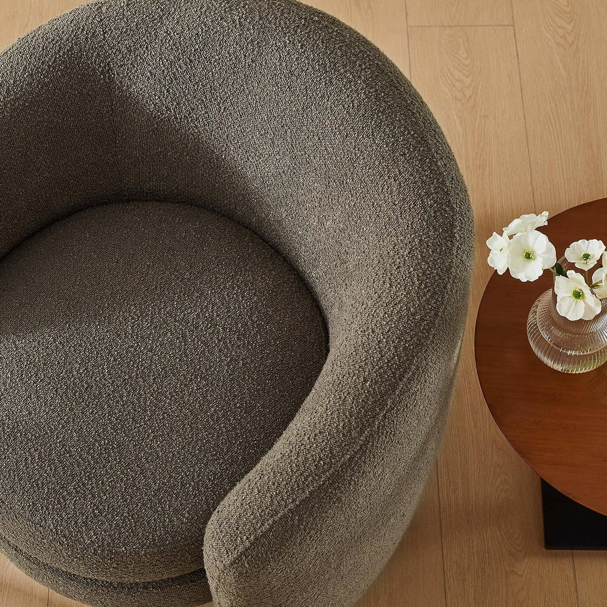 Affinity Boucle Fabric Accent Chair in Pebble - Versatile Living Room Chair with Curved Back - Upholstered Bedroom Barrel Chair - Reading Armchair