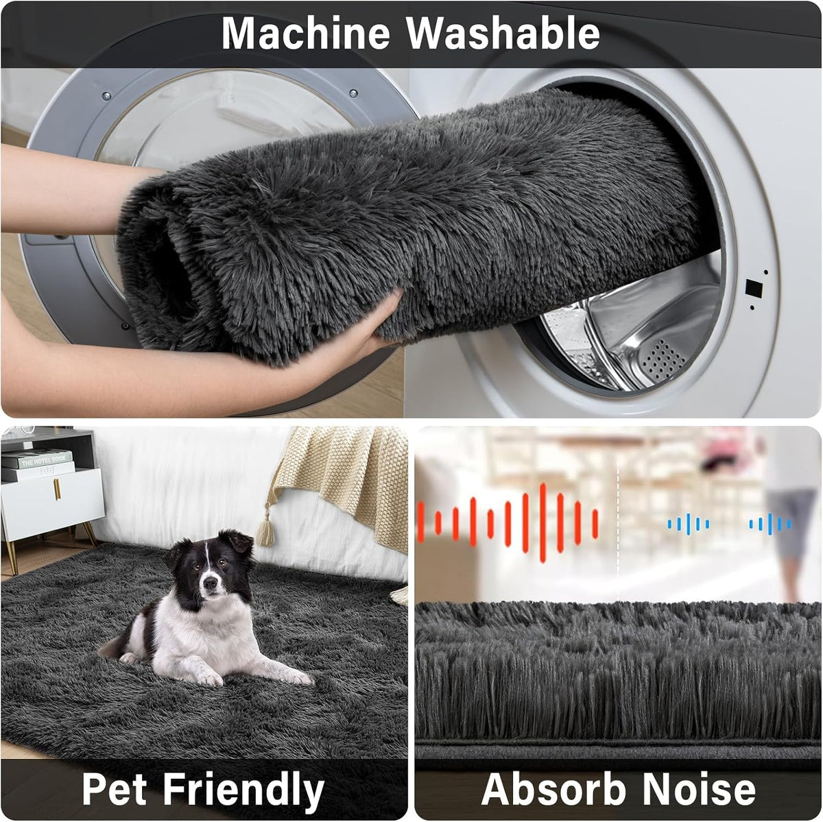 Soft Modern Indoor Large Shaggy Rug for Livingroom Bedroom Dorm Kids Room Home Decor, Non-Slip Plush Fluffy Furry Fur Area Rugs Comfy Nursery Accent Floor Carpet 9X12 Feet, Dark Grey