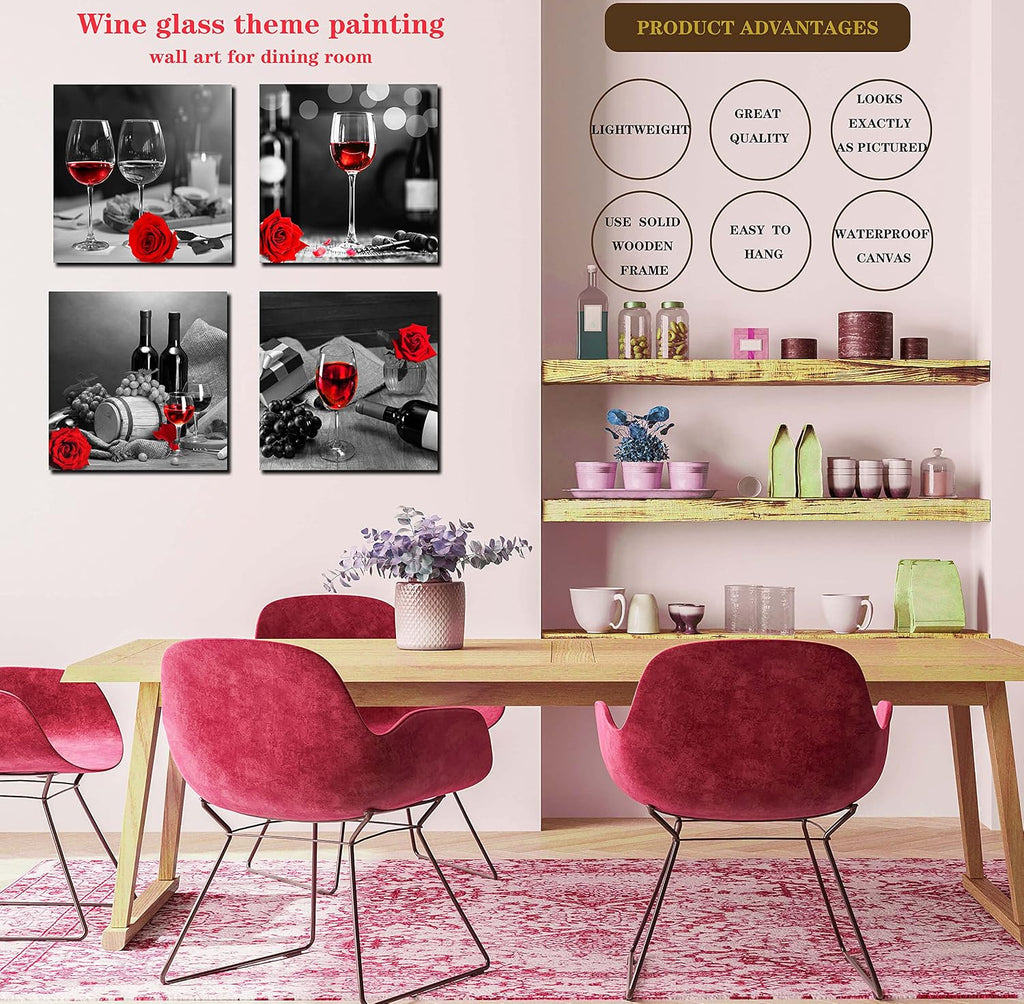 Large Kitchen Wall-Art - Red Wine Wall Art for Living Room - Modern Wall Decor for Dining Room Rose Artwork 4 Pieces Framed Canvas Art 20X20 Inches