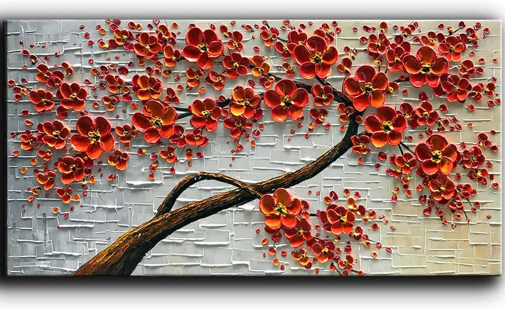 - 48X24Inch Canvas Wall Art, Hand Painted Oil Painting ,Abstract 3D Texture Wall Art Pictures, Red Floral Paintings, Modern Home Bedroom Wall Art Decor, Wall Art for Living Room, Large Framed Oil Painting.