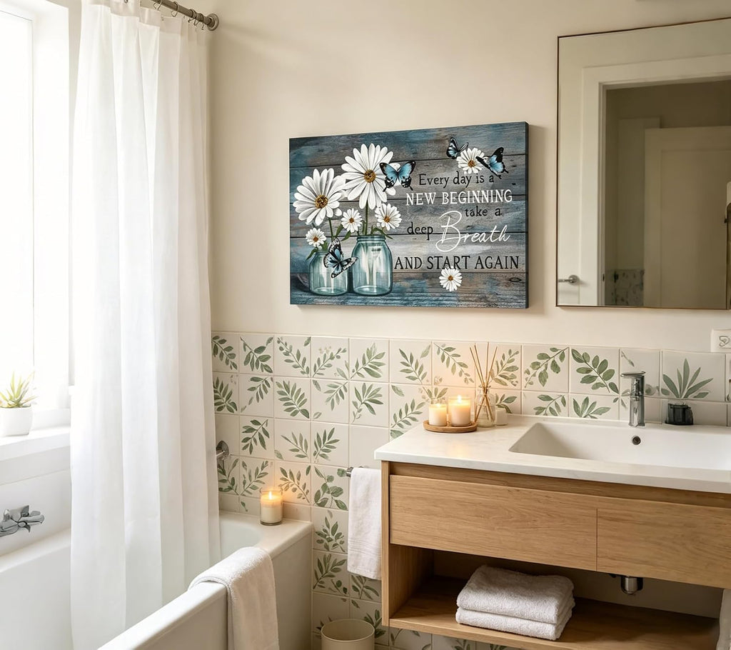Daisy Canvas Wall Art Butterfly Wall Decor Inspirational Poster Print Flower Picture Painting Still Life Suitable for Country Farmhouse Bedroom Bathroom Rustic Wall Decoration (Blue, 36X24In Canvas)