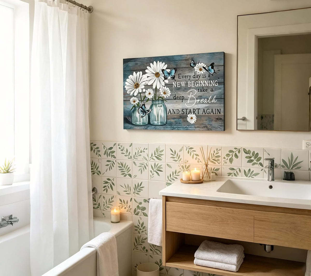 Daisy Canvas Wall Art Butterfly Wall Decor Inspirational Poster Print Flower Picture Painting Still Life Suitable for Country Farmhouse Bedroom Bathroom Rustic Wall Decoration (Blue, 36X24In Canvas)