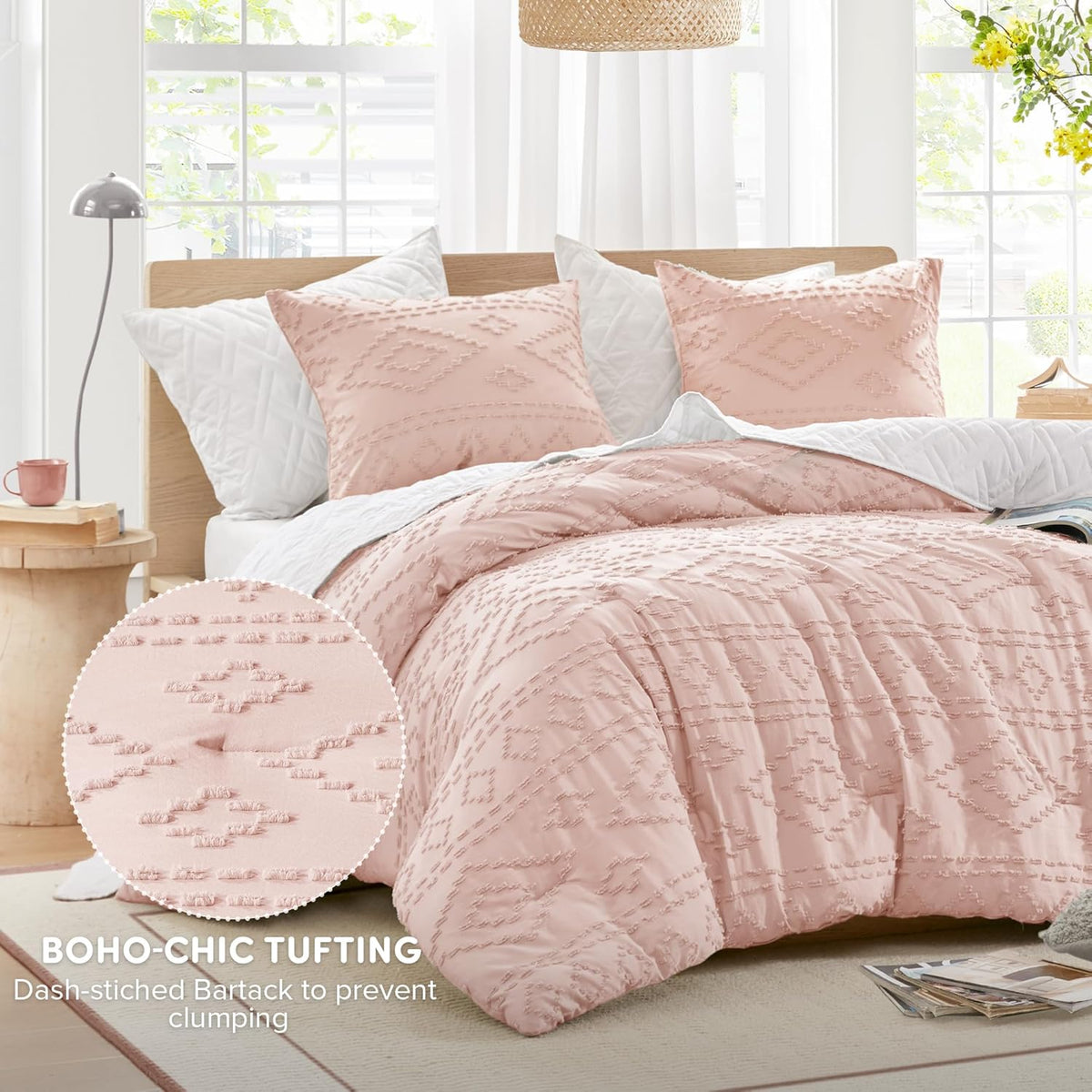 Comforter for King Size Bed, Geometric Diamond Tufted Boho Comforter Set, All Season Lightweight Bedding Set, Matching Sham, King/Cal King Pink 3 Piece