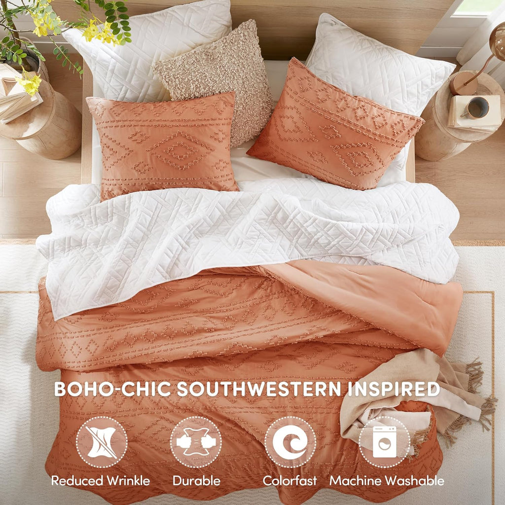 Comforter for King Size Bed, Geometric Diamond Tufted Boho Comforter Set, All Season Lightweight Bedding Set, Matching Sham, King/Cal King Terracotta 3 Piece
