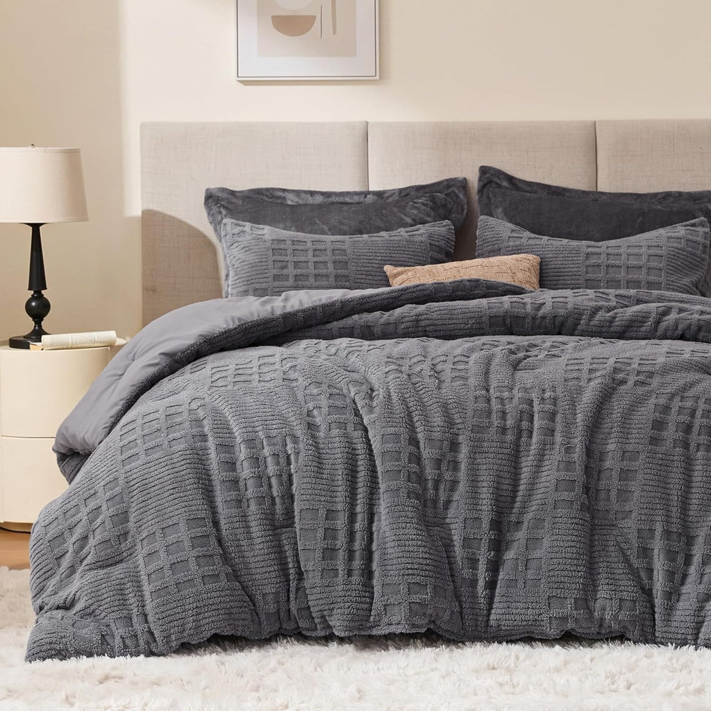 Waffle Fluffy Comforter Set Twin Size - Super Soft Faux Fur Stripe Jacquard Comforter 3 Pieces, Grey Fleece Bedding Set,Winter Warm Bed Set,1 Comforter with 1 Pillowcase