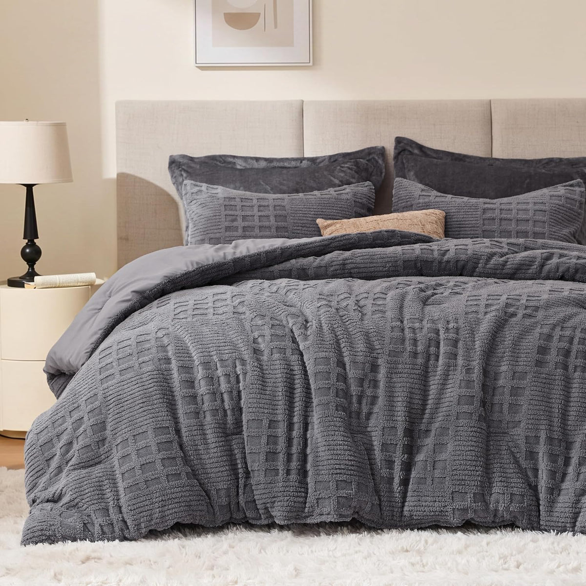 Waffle Fluffy Comforter Set Twin Size - Super Soft Faux Fur Stripe Jacquard Comforter 3 Pieces, Grey Fleece Bedding Set,Winter Warm Bed Set,1 Comforter with 1 Pillowcase