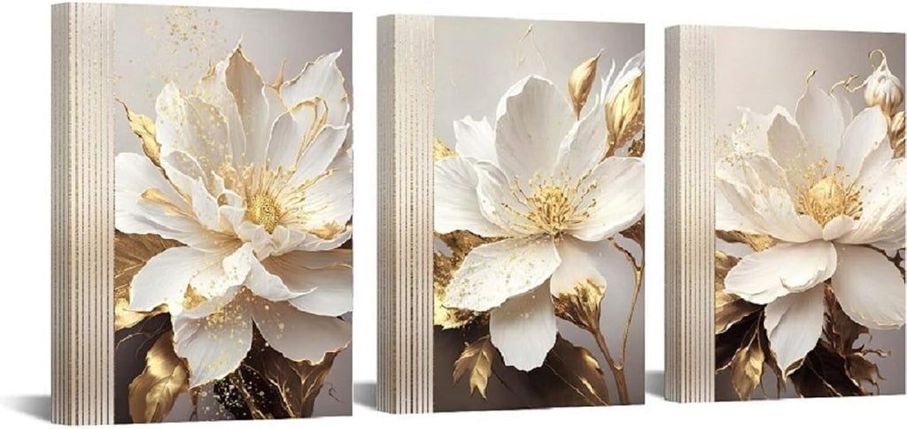 Flower Canvas Wall Decor Living Room Bathroom Wall Art Paintings for Bedroom Wall Art Dining Room White Floral Picture Poster Artwork Modern Framed Art Prints 3 Piece Home Decorations