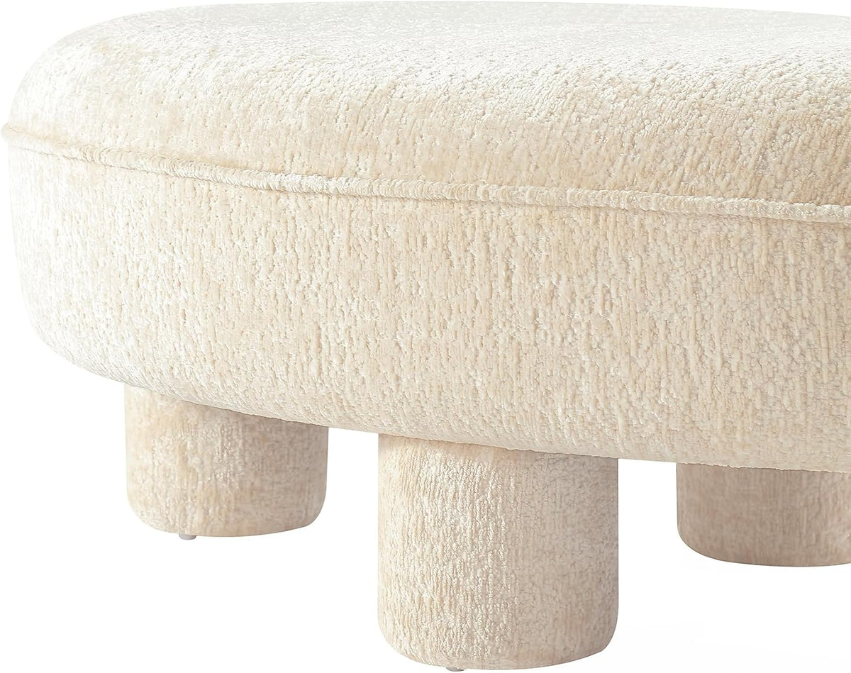 Tribeca 45.5" Mid-Century Modern Accent Ottoman in Chenille Upholstery, Fully Assembled Living Room Seating or Foot Rest with Chunky Cylinder Legs, Cream