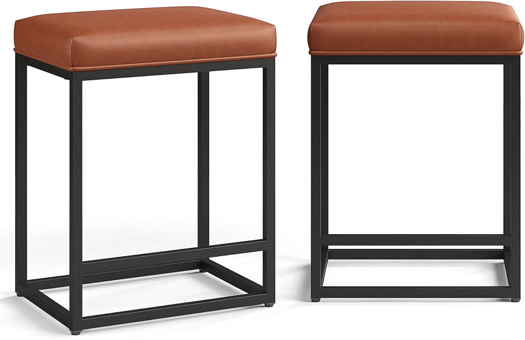 Counter Height 24" Bar Stools Set of 2 for Kitchen Counter Backless Modern Barstools Industrial Upholstered Faux Leather Stools Farmhouse Island Chairs, (24 Inch, Brown)