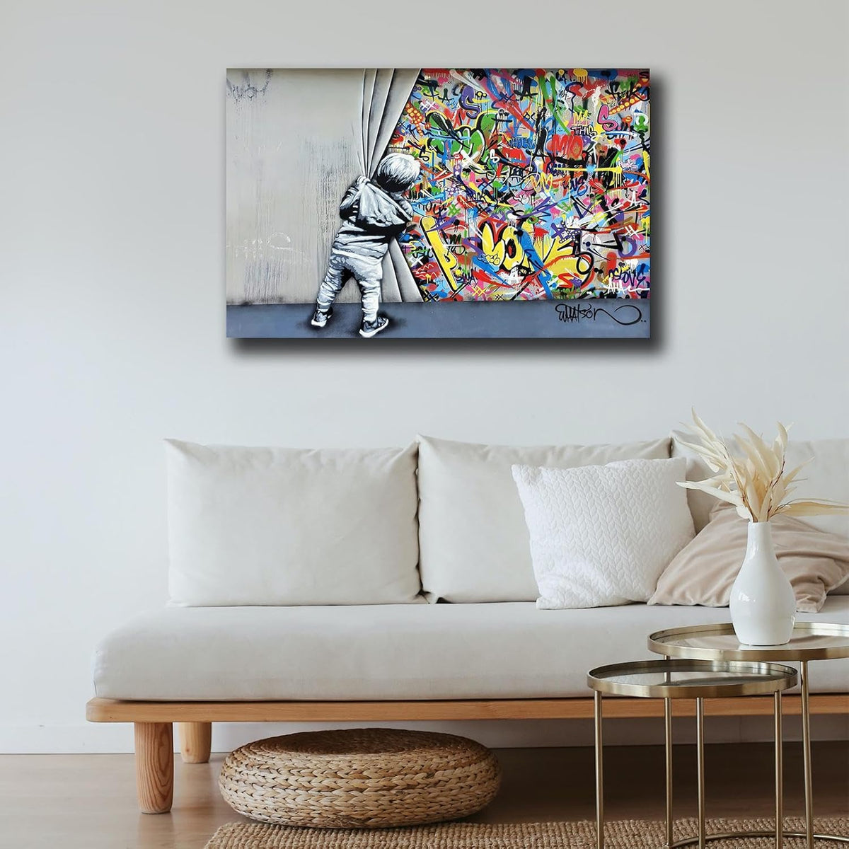 Banksy Canvas Wall Art Pop Street Graffiti Wall Art Decor Cool Poster Paintings Colorful for Men Ready to Hang for Living Room Bedroom Home Bathroom Wall Decor 16X24In Framed
