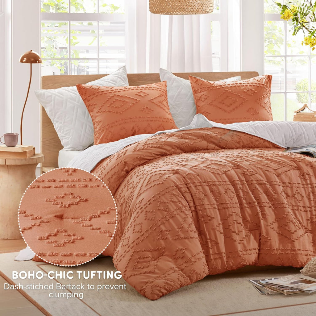 Comforter for King Size Bed, Geometric Diamond Tufted Boho Comforter Set, All Season Lightweight Bedding Set, Matching Sham, King/Cal King Terracotta 3 Piece
