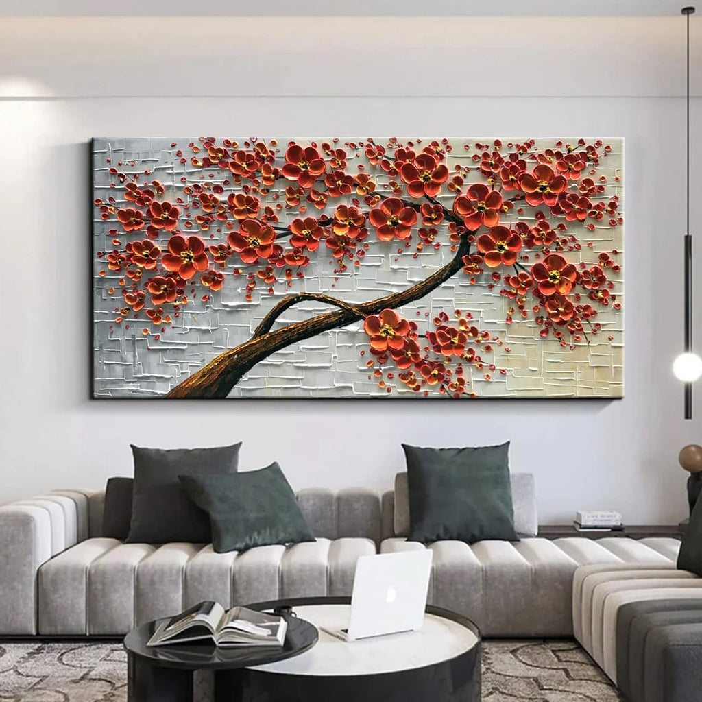 - 48X24Inch Canvas Wall Art, Hand Painted Oil Painting ,Abstract 3D Texture Wall Art Pictures, Red Floral Paintings, Modern Home Bedroom Wall Art Decor, Wall Art for Living Room, Large Framed Oil Painting.