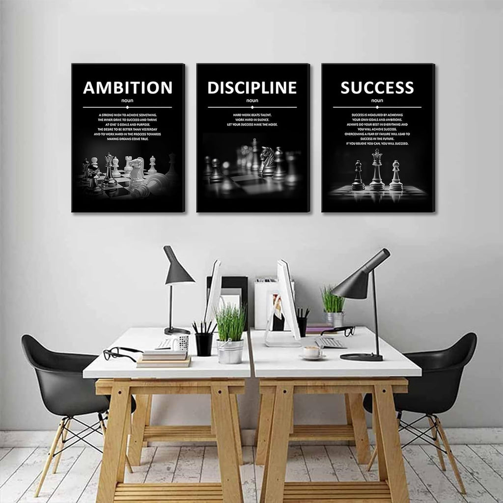Motivational Wall Decor Inspirational Office Canvas Wall Art Quotes Prints Artwork Success Ambition Discipline Encouraging Pictures for Study Room Gym Sayings Home Decoration 12” X16” X3Pcs