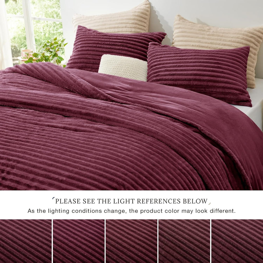 Fluffy Comforter Set Twin Size - Super Soft Faux Fur Stripe Jacquard Comforter 2 Pieces, Burgundy Fleece Bedding Set,Winter Warm Bed Set,1 Comforter with 1 Pillowcase