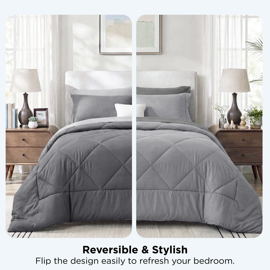 Queen Comforter Set,7 Pieces Bed in a Bag, Reversible Lightweight Bedding Set, Gray