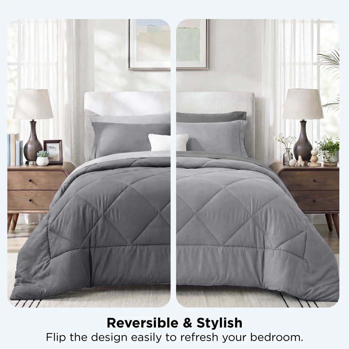 Queen Comforter Set,7 Pieces Bed in a Bag, Reversible Lightweight Bedding Set, Gray