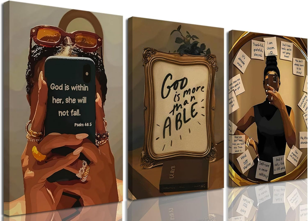Framed Black Girl Wall Art Set of 3, Fashion Inspirational Black Woman Wall Decor Paintings, African American Positive Affirmations Pictures Canvas Prints for Living Room Bedroom Office 16X24 Inch