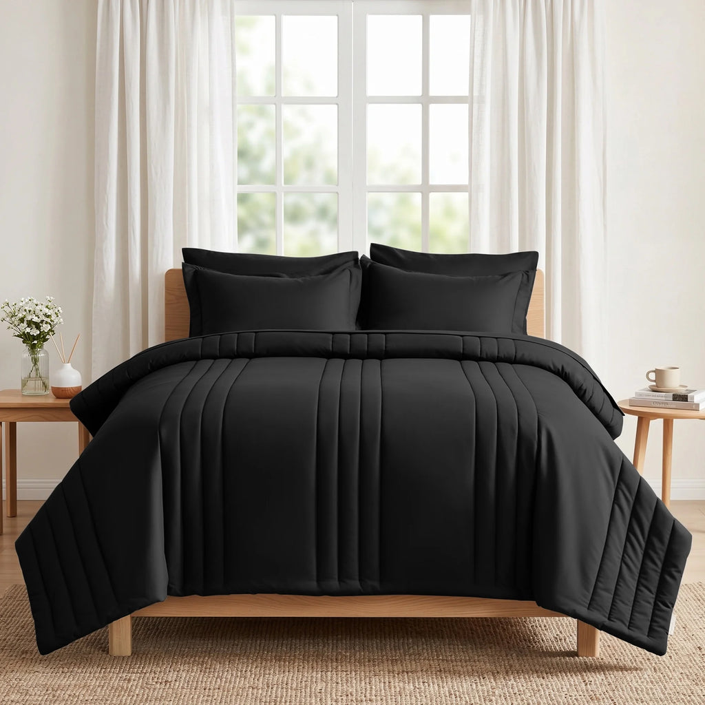 7-Piece Bed in Bag - Queen Size Striped Comforter Sets, Pillowcases & Sheet Collection for Cozy Bedding Sets - Black