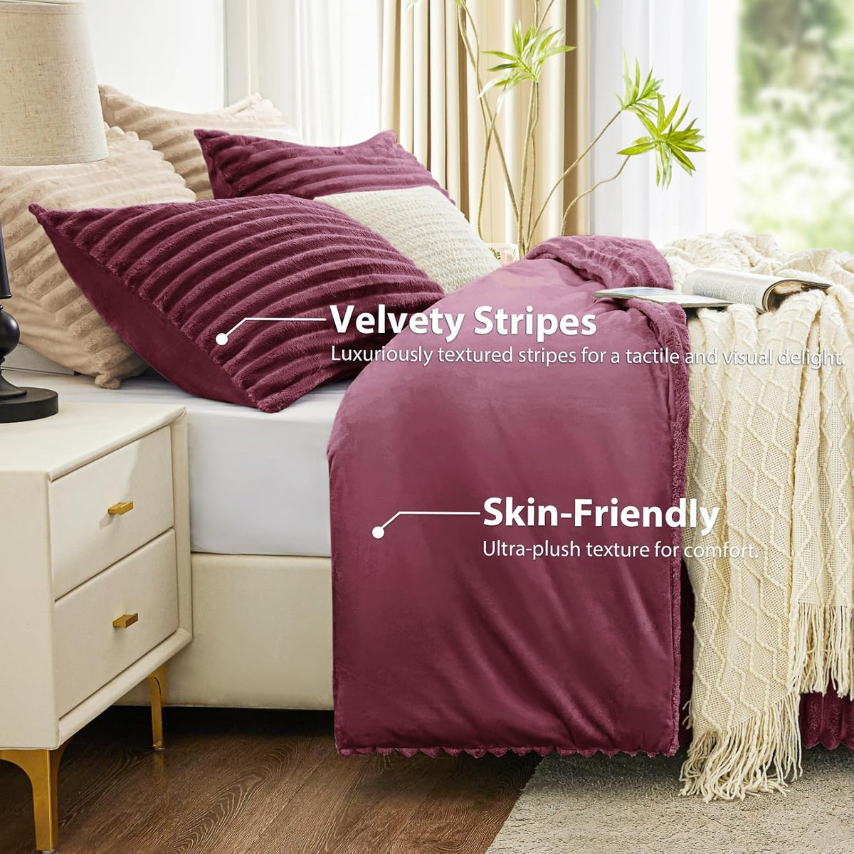 Fluffy Comforter Set Twin Size - Super Soft Faux Fur Stripe Jacquard Comforter 2 Pieces, Burgundy Fleece Bedding Set,Winter Warm Bed Set,1 Comforter with 1 Pillowcase
