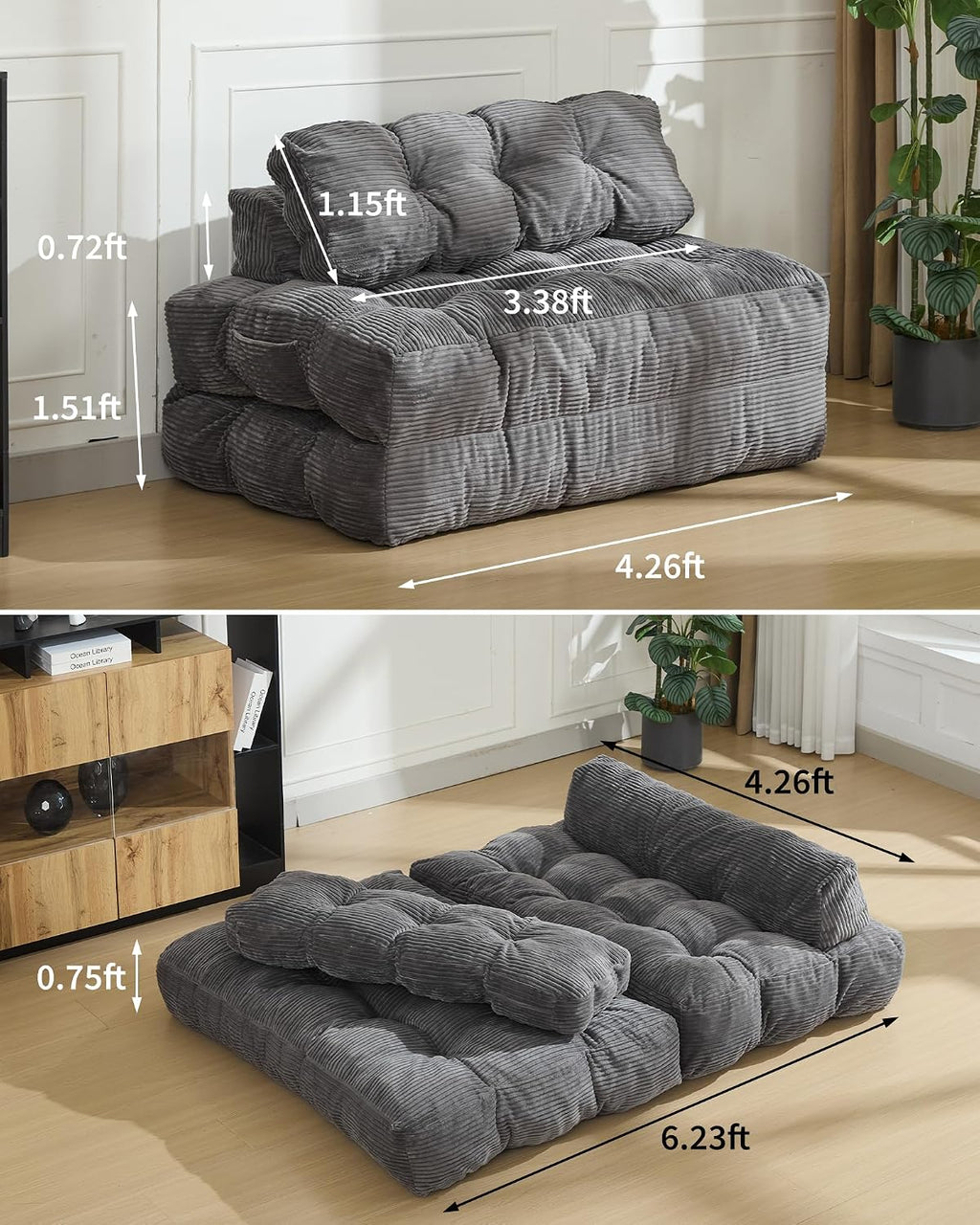 Folding Sofa Bed, Convertible Sofa Bed for 2 Person, Free Install Comforty Sleeper Sofa with Pillow, Compact and Versatile Sofa Couch for Guest Room, Portable Floor Lounge for Living Room, Dark Grey