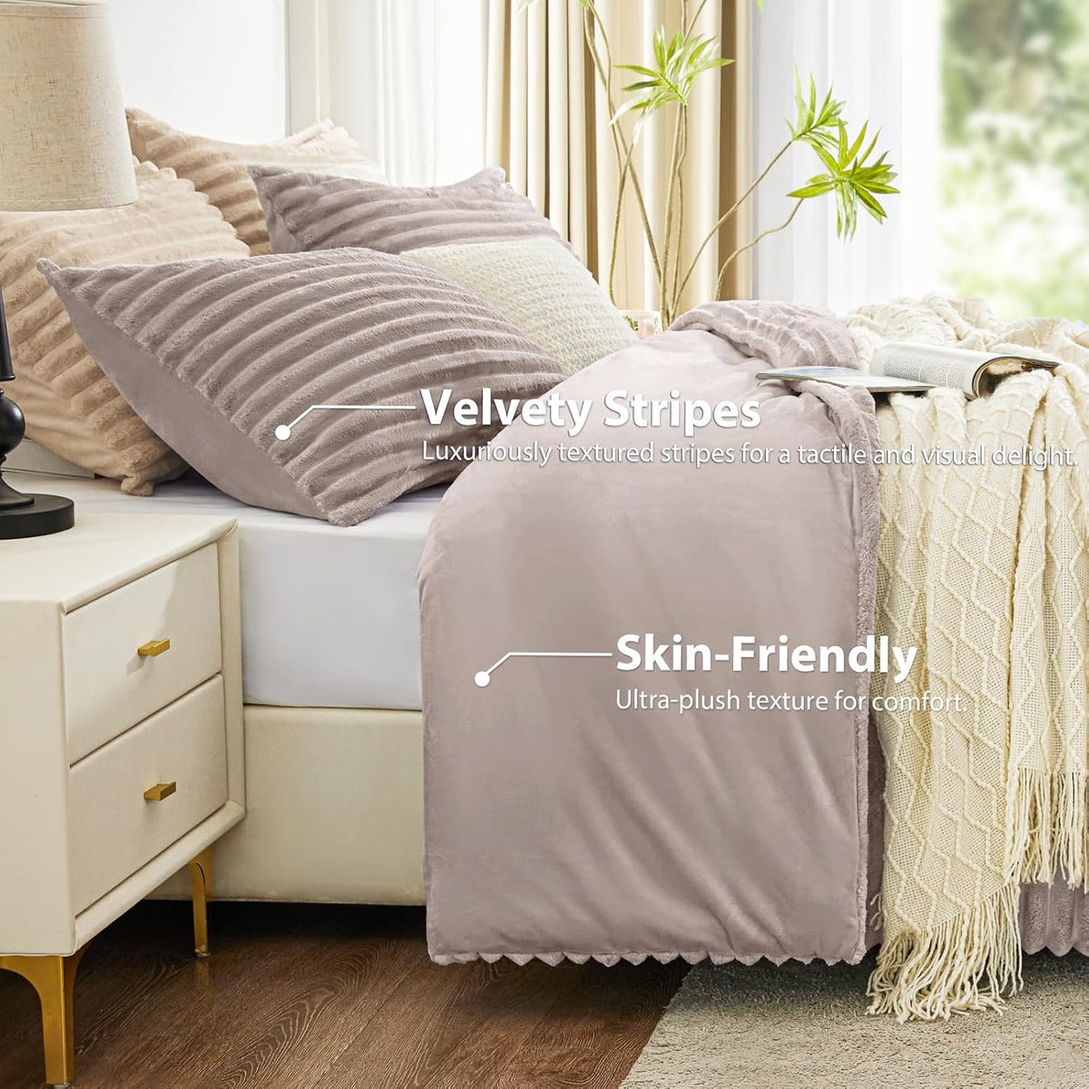 Fluffy Comforter Set King Size - Super Soft Faux Fur Stripe Jacquard Comforter 3 Pieces, Dark Khaki Fleece Bedding Set,Winter Warm Bed Set,1 Comforter with 2 Pillowcases