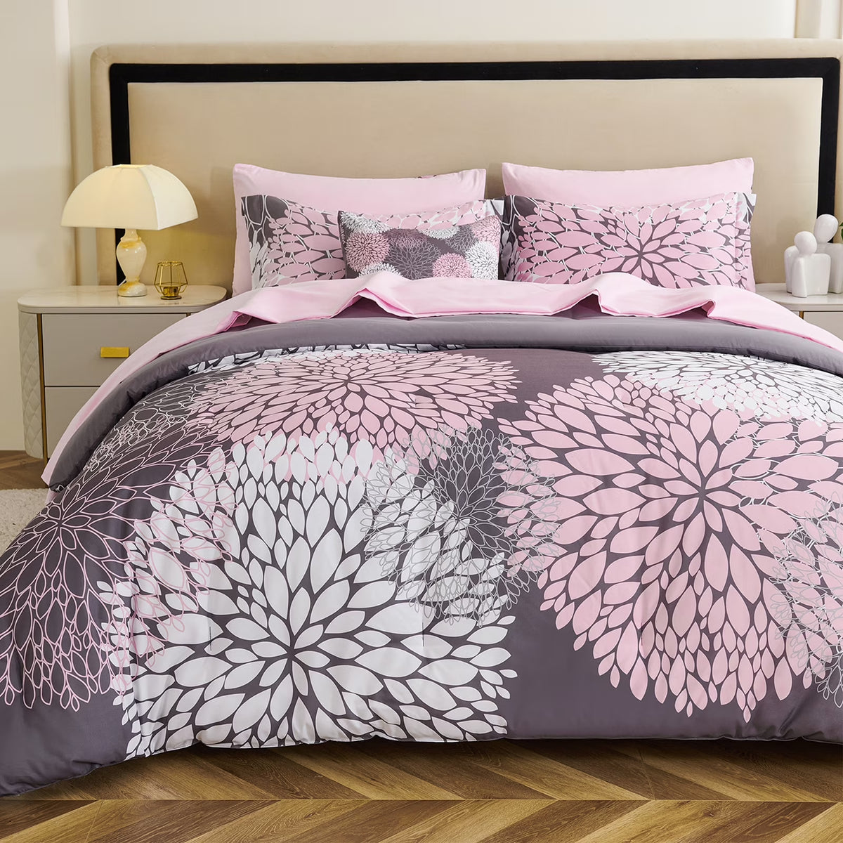 8-Piece Pink and Grey Queen Comforter Set - Reversible Floral Bed in a Bag with Sheets, Pillowcases, Shams, and Decorative Pillow Cover for Teen Girls and Women