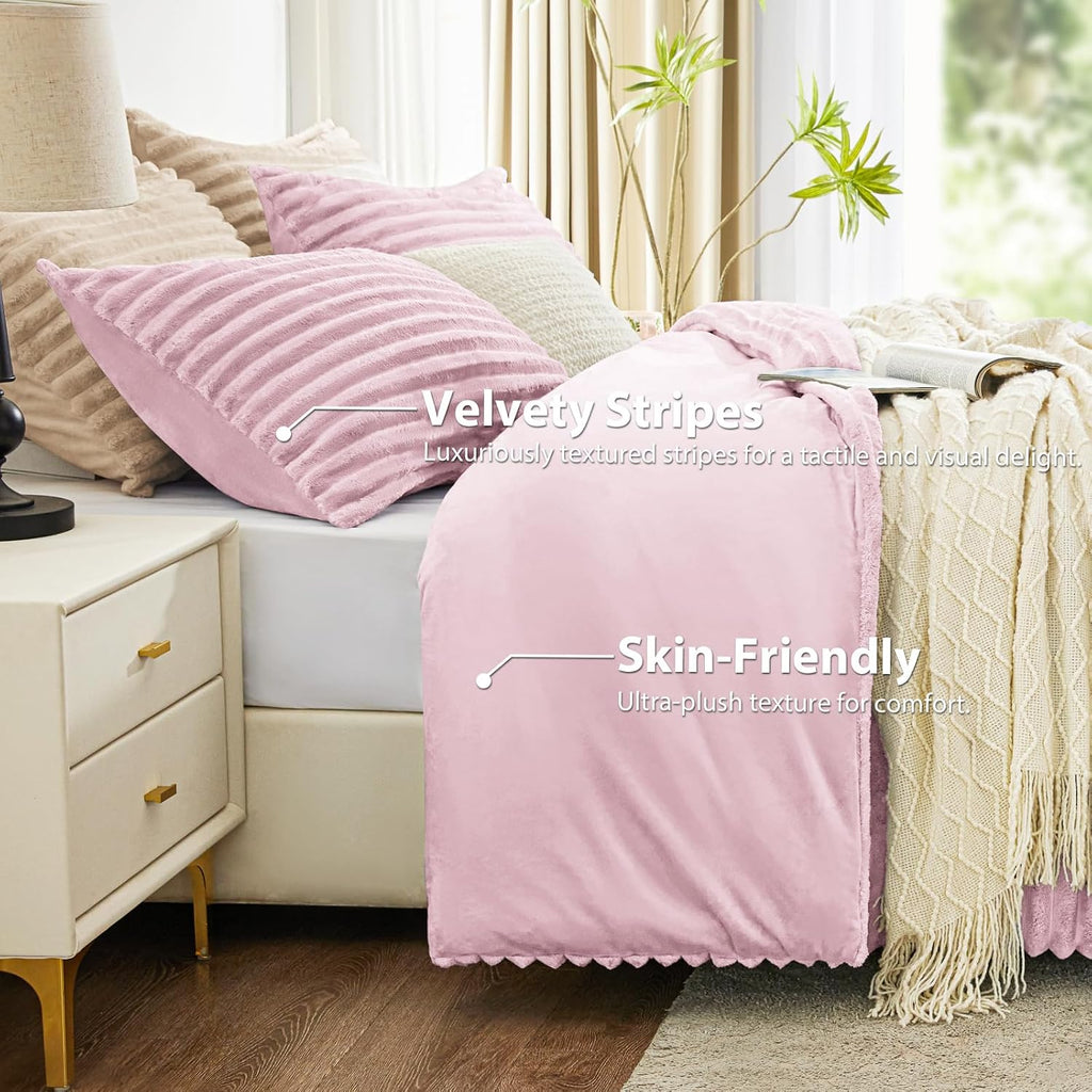 Fluffy Comforter Set King Size - Super Soft Faux Fur Stripe Jacquard Comforter 3 Pieces, Fleece Bedding Set,Winter Warm Bed Set,1 Comforter with 2 Pillowcases (Purplish Pink)