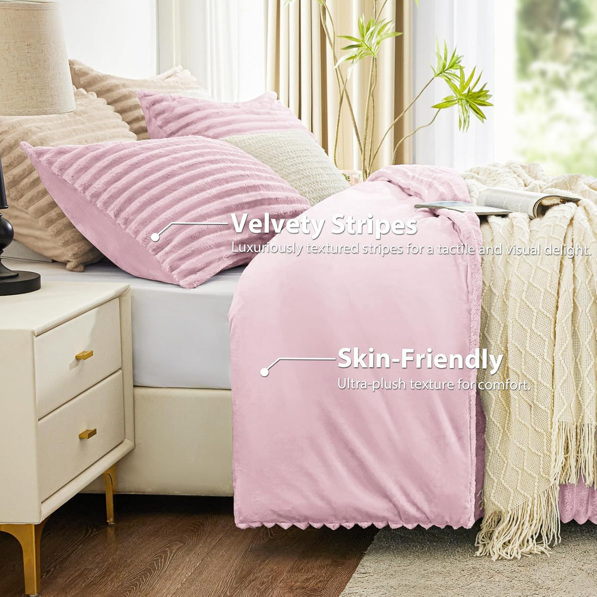 Fluffy Comforter Set King Size - Super Soft Faux Fur Stripe Jacquard Comforter 3 Pieces, Fleece Bedding Set,Winter Warm Bed Set,1 Comforter with 2 Pillowcases (Purplish Pink)