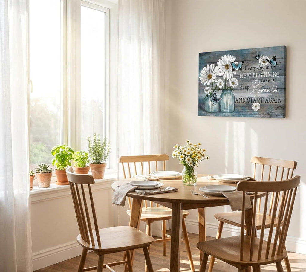 Daisy Canvas Wall Art Butterfly Wall Decor Inspirational Poster Print Flower Picture Painting Still Life Suitable for Country Farmhouse Bedroom Bathroom Rustic Wall Decoration (Blue, 36X24In Canvas)