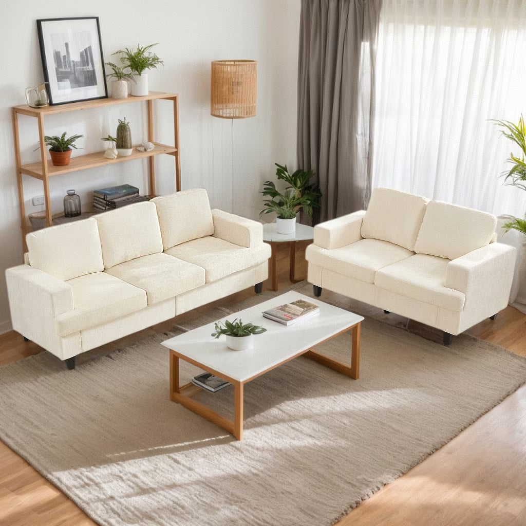 2 Piece Living Room Sofa Set, Chenille 3 Seat Sofa and Loveseat Sets, Modern Sectional Couch Sets for Living Room/Apartment/Office, Beige