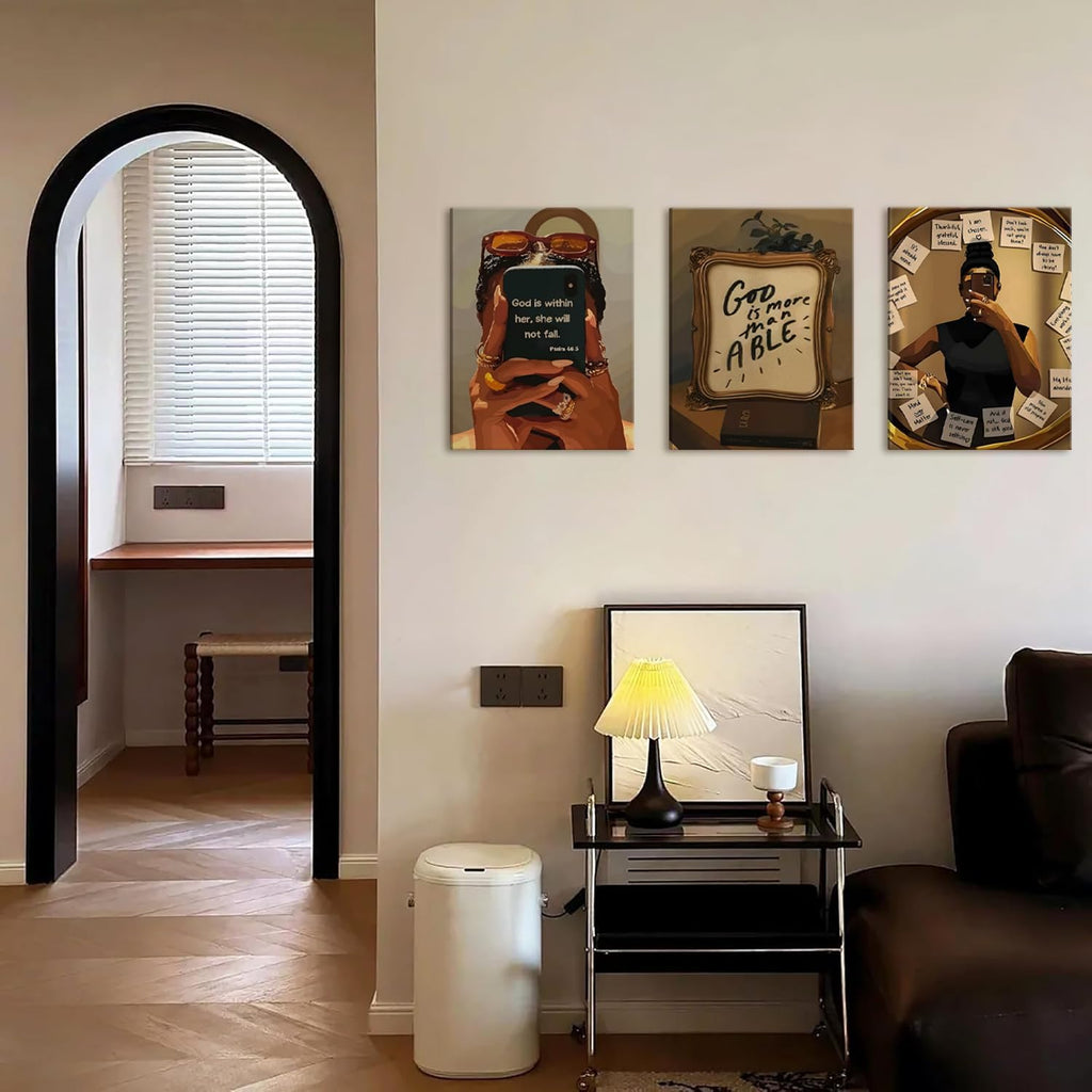 Framed Black Girl Wall Art Set of 3, Fashion Inspirational Black Woman Wall Decor Paintings, African American Positive Affirmations Pictures Canvas Prints for Living Room Bedroom Office 16X24 Inch