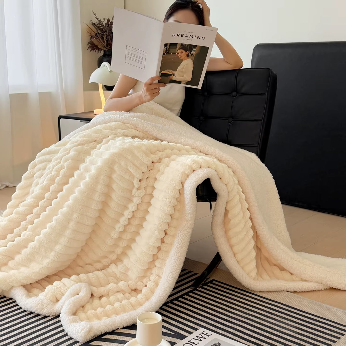 Cozy Fluffy Coral Fleece Blanket Thick Warm Striped Winter Duvets Soft Plush Sofa Throw Blanket Queen Bedroom Bedspread for Home