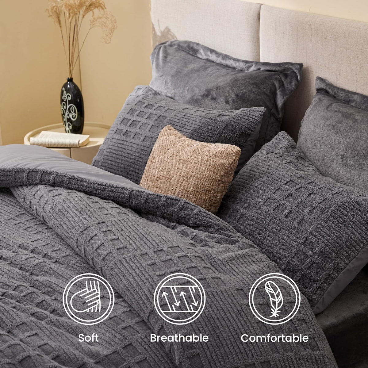 Waffle Fluffy Comforter Set Twin Size - Super Soft Faux Fur Stripe Jacquard Comforter 3 Pieces, Grey Fleece Bedding Set,Winter Warm Bed Set,1 Comforter with 1 Pillowcase