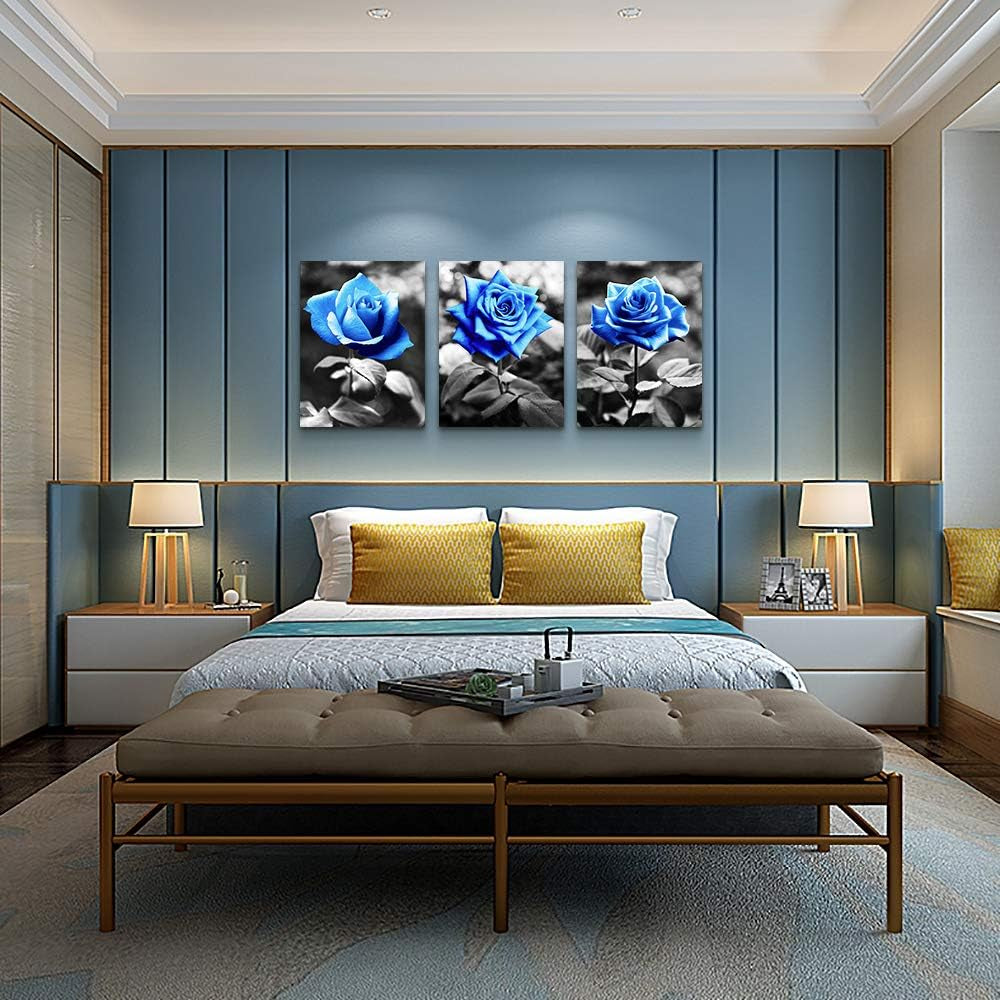 Bedroom Wall Art for Living Room Bathroom Wall Decor for Kitchen Family Pictures Artwork Black and White Blue Rose Flowers Canvas Paintings 16" X 24" 3 Pieces Framed Modern Office Home Decorations