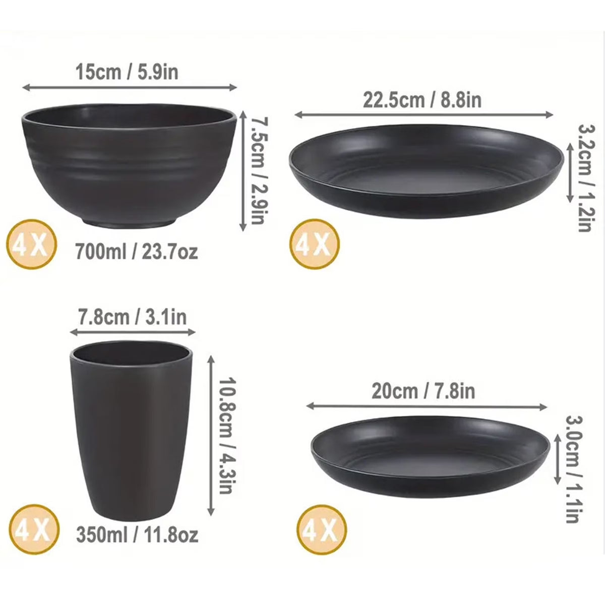 16-Piece Bowl Plates Cup Tableware Set, Solid Color Household Plastic Drop Resistant Tableware, Complete Dining Set, Dishwasher Safe, for Daily Meals Picnics